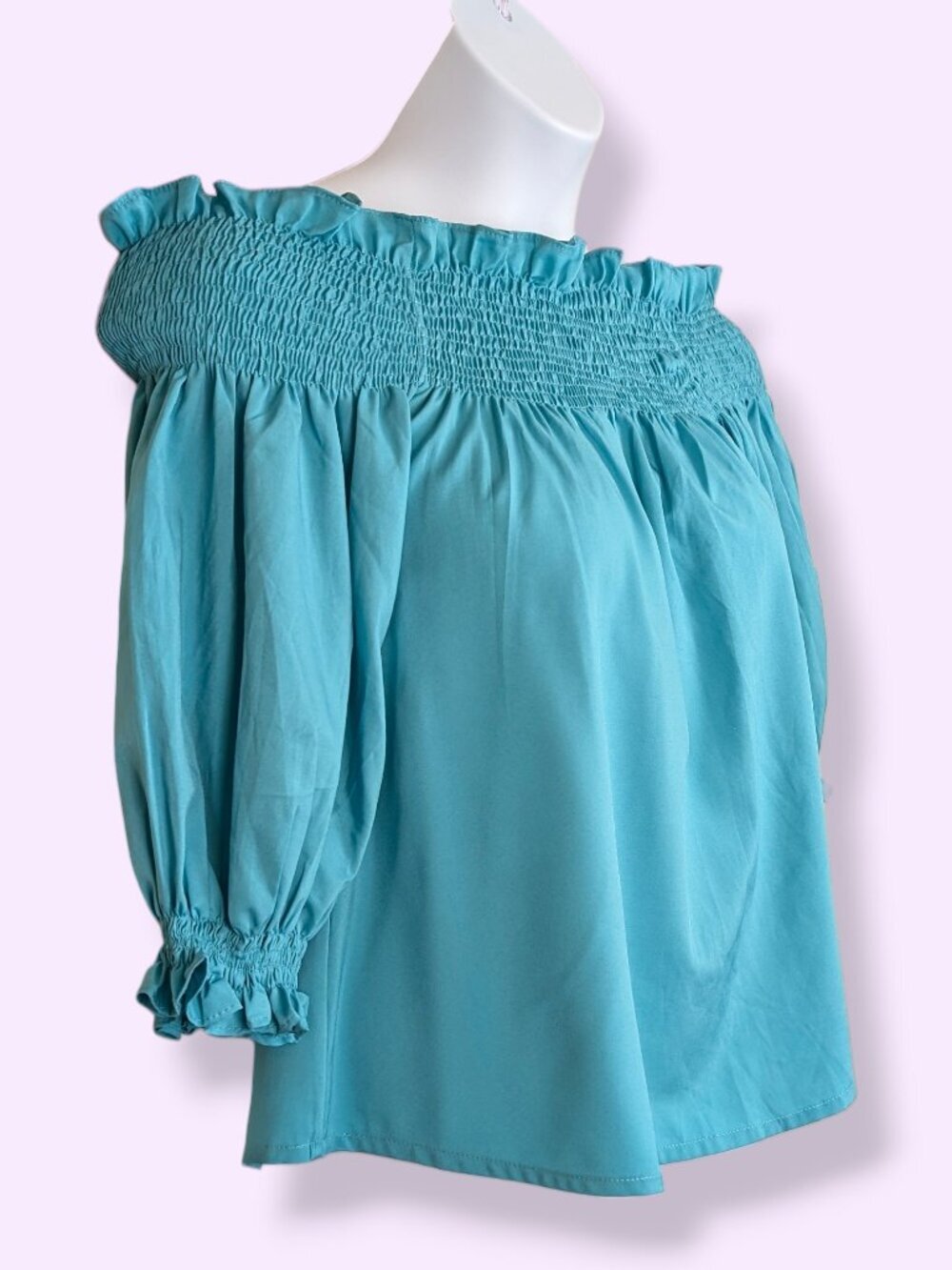 Light Blue Elastic Off-Shoulder Top - Picture 2 of 6